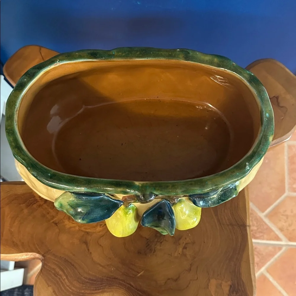 Vintage MCM Majolica Pear Ceramic Hand Crafted Fruit Bowl 15”